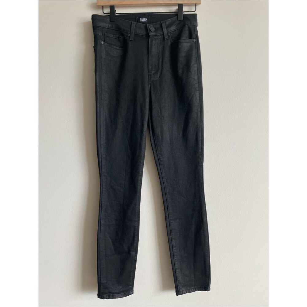 Paige Hoxton High Rise Ankle Skinny Jeans black fog luxe coating model off duty